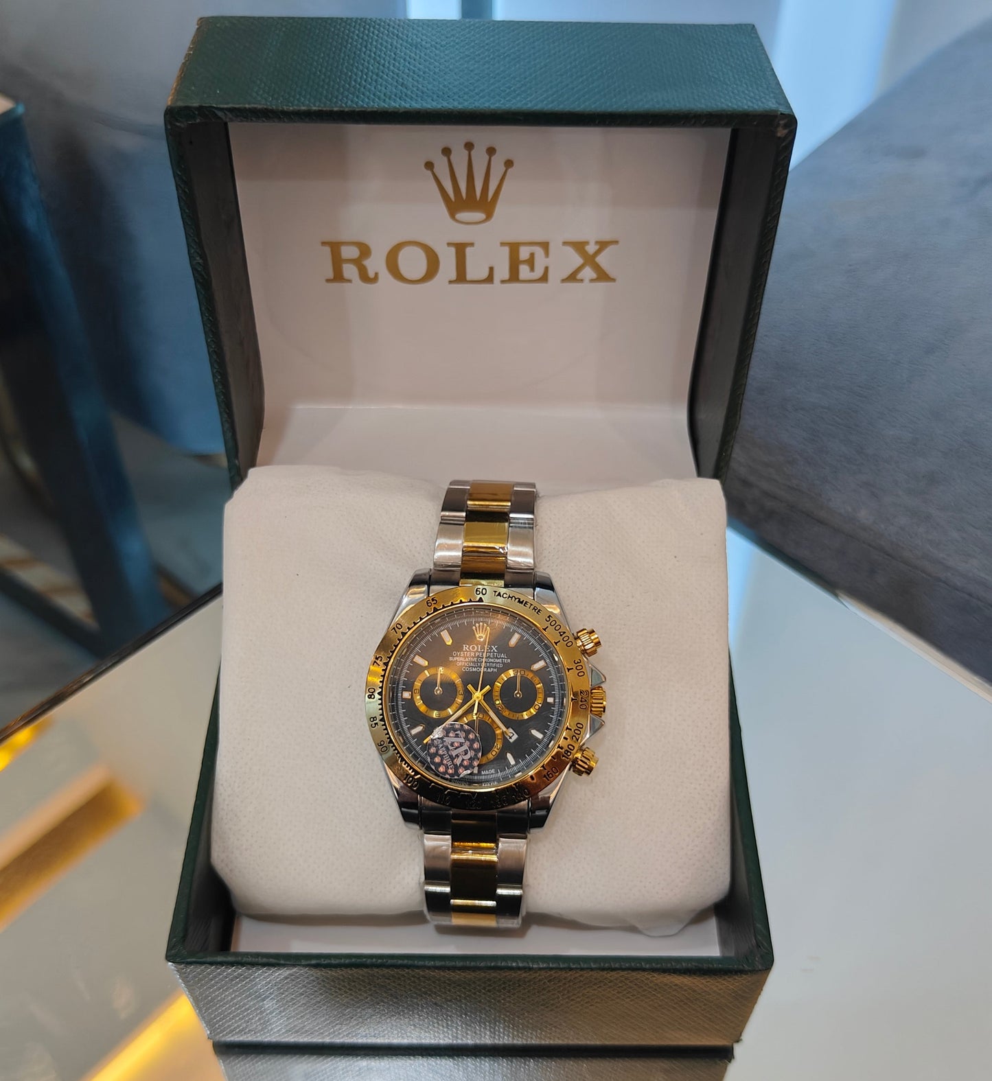 RLX DAYTONA CHRONOGRAPH MASTER LOCK GOLD CHAIN GOLD DIAL WATCH