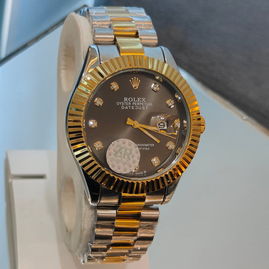 RLX DATEJUST STAINLESS STEEL CHAIN TWO TONE BLACK DIAL WATCH