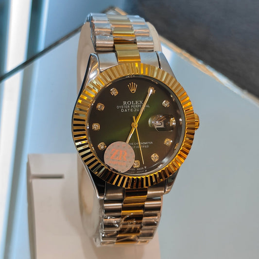 RLX DATEJUST STAINLESS STEEL CHAIN TWO TONE GREEN DIAL WATCH