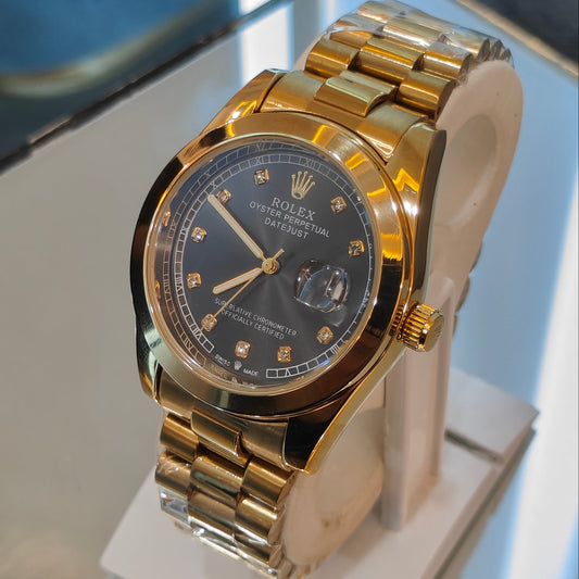 RLX DATEJUST STAINLESS STEEL CHAIN GOLD CHAIN BLACK DIAL WATCH
