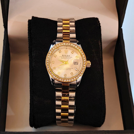 RLX-DATE JUST OYSTER CHAIN STONED DIAL WHITE LADIES WATCH