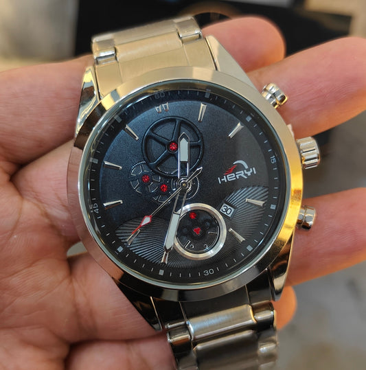 HERYI SPORTY BLACK DIAL STAINLESS STEEL WATCH FOR MEN