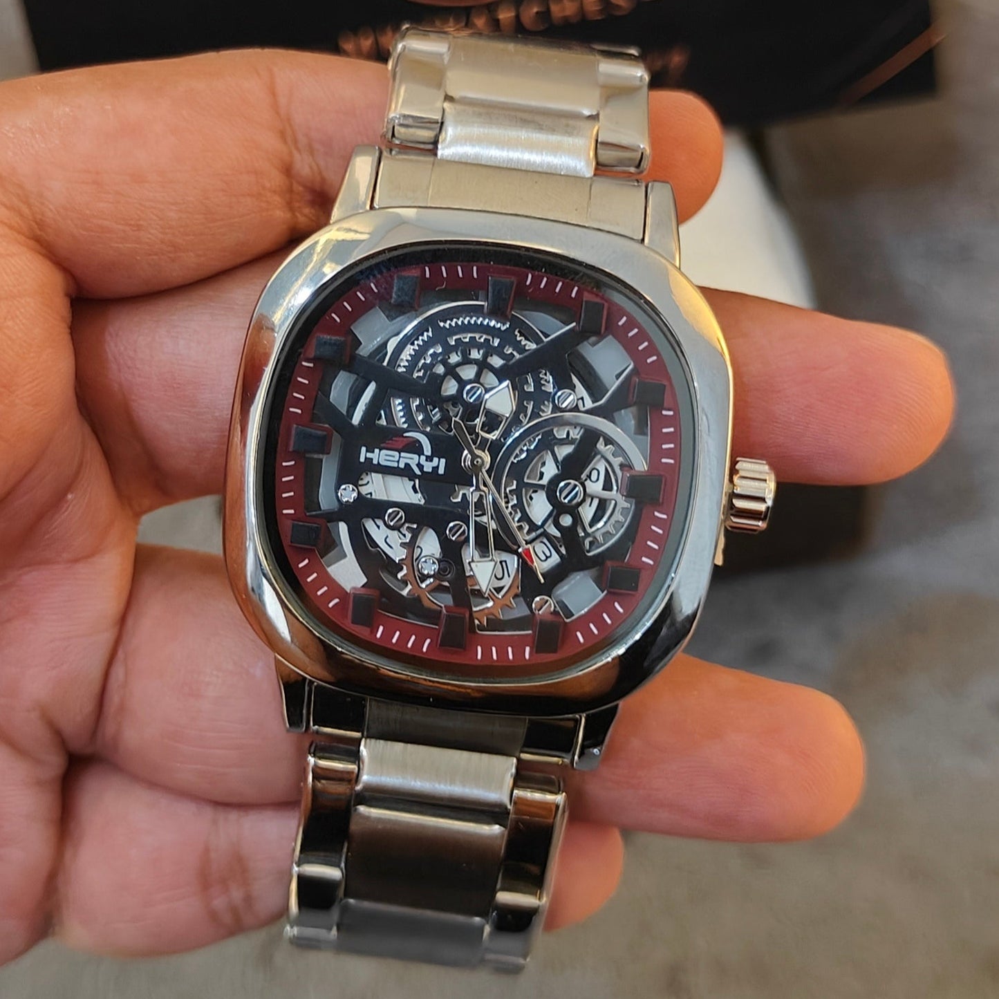 HERYI SKELETON SQUARE WHITE DIAL WATCH