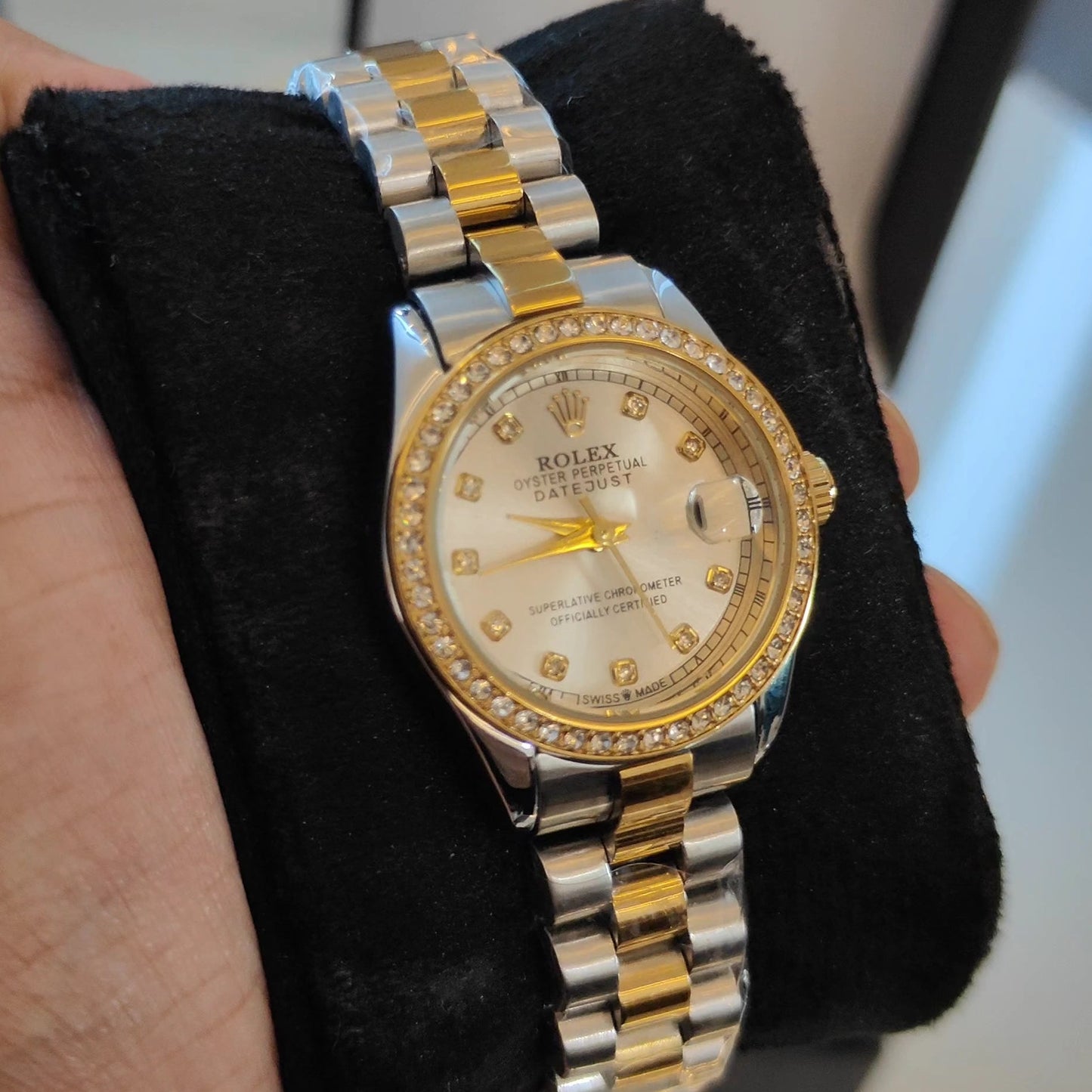 RLX-DATE JUST OYSTER CHAIN STONED DIAL WHITE LADIES WATCH