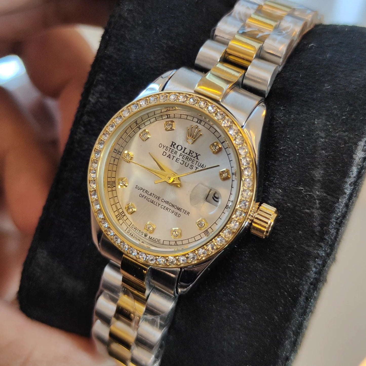 RLX-DATE JUST OYSTER CHAIN STONED DIAL WHITE LADIES WATCH