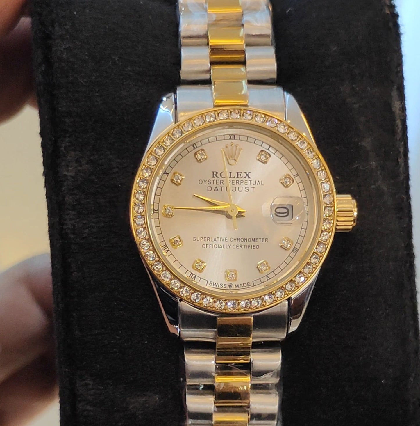 RLX-DATE JUST OYSTER CHAIN STONED DIAL WHITE LADIES WATCH