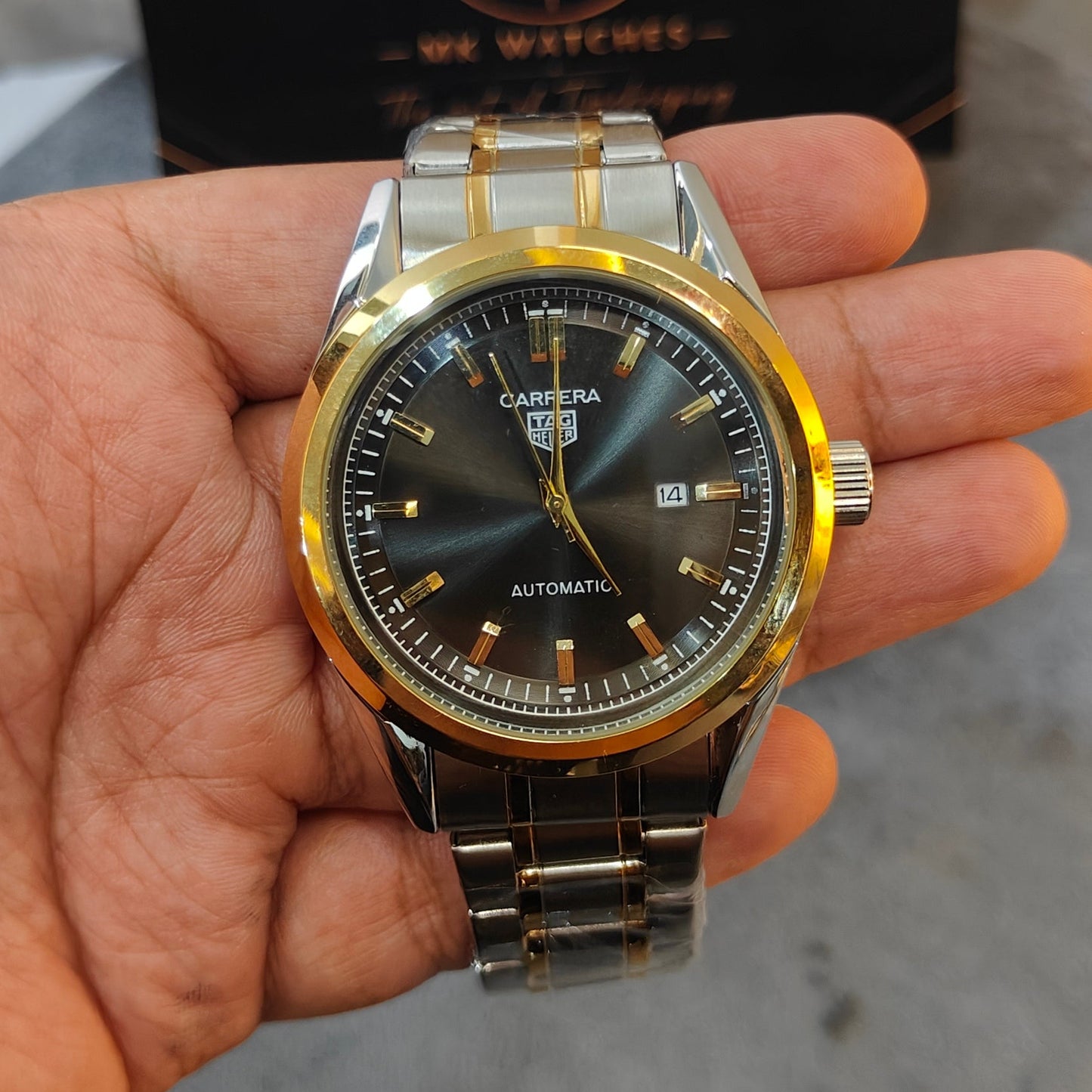 TAG-TWO TONE BLACK DIAL STAINLESS STEEL CHAIN WATCH