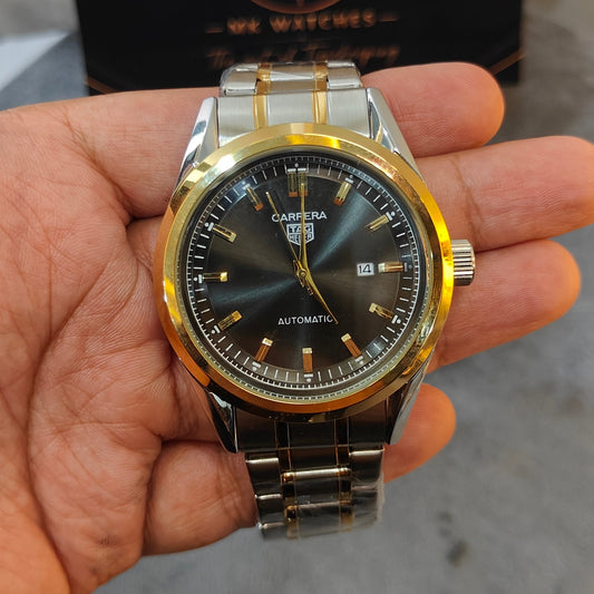 TAG-TWO TONE BLACK DIAL STAINLESS STEEL CHAIN WATCH
