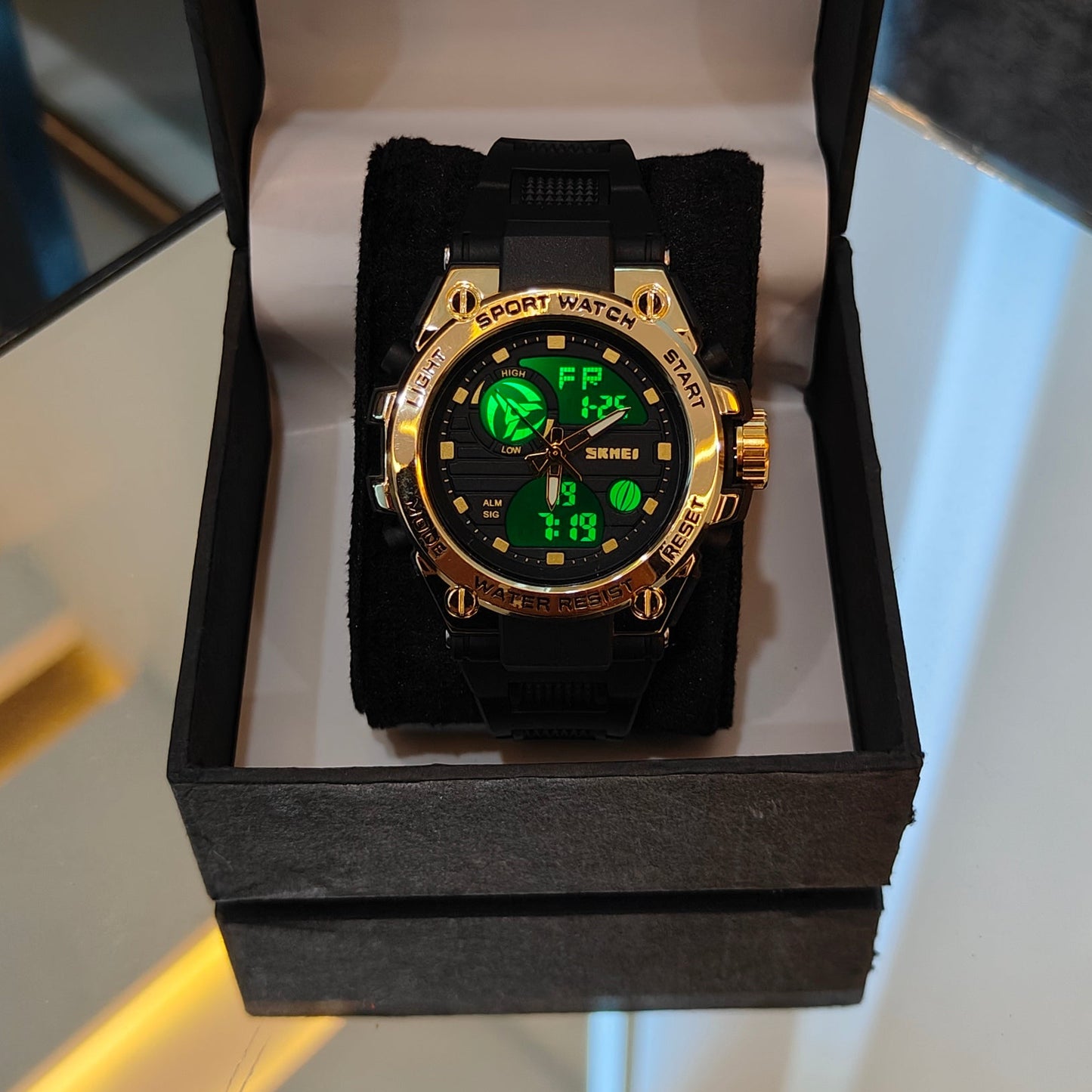 SKMEI-2360 SPORTS LED LUMINOUS WATERPROOF WATCH GOLD DIAL