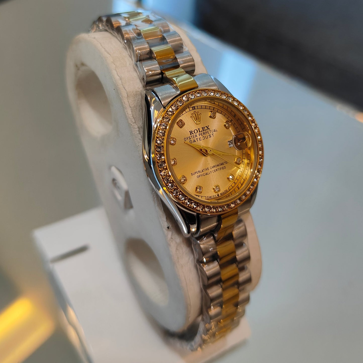 RLX-DATE JUST OYSTER CHAIN STONED DIAL GOLD LADIES WATCH