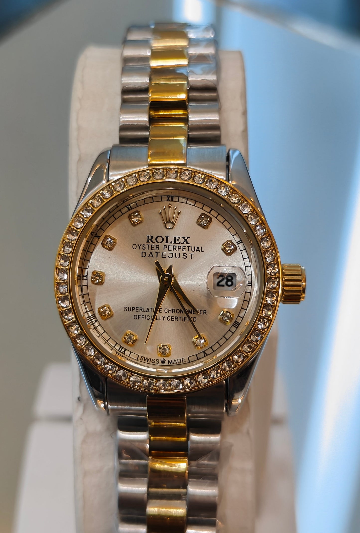 RLX-DATE JUST OYSTER CHAIN STONED DIAL WHITE LADIES WATCH