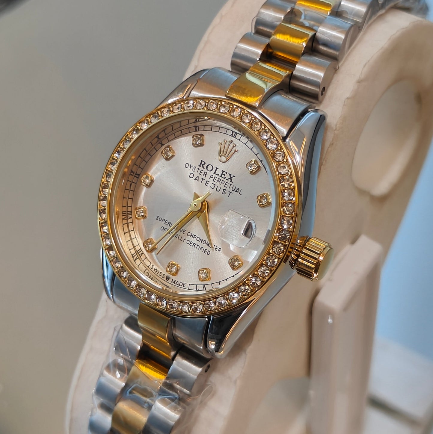 RLX-DATE JUST OYSTER CHAIN STONED DIAL WHITE LADIES WATCH
