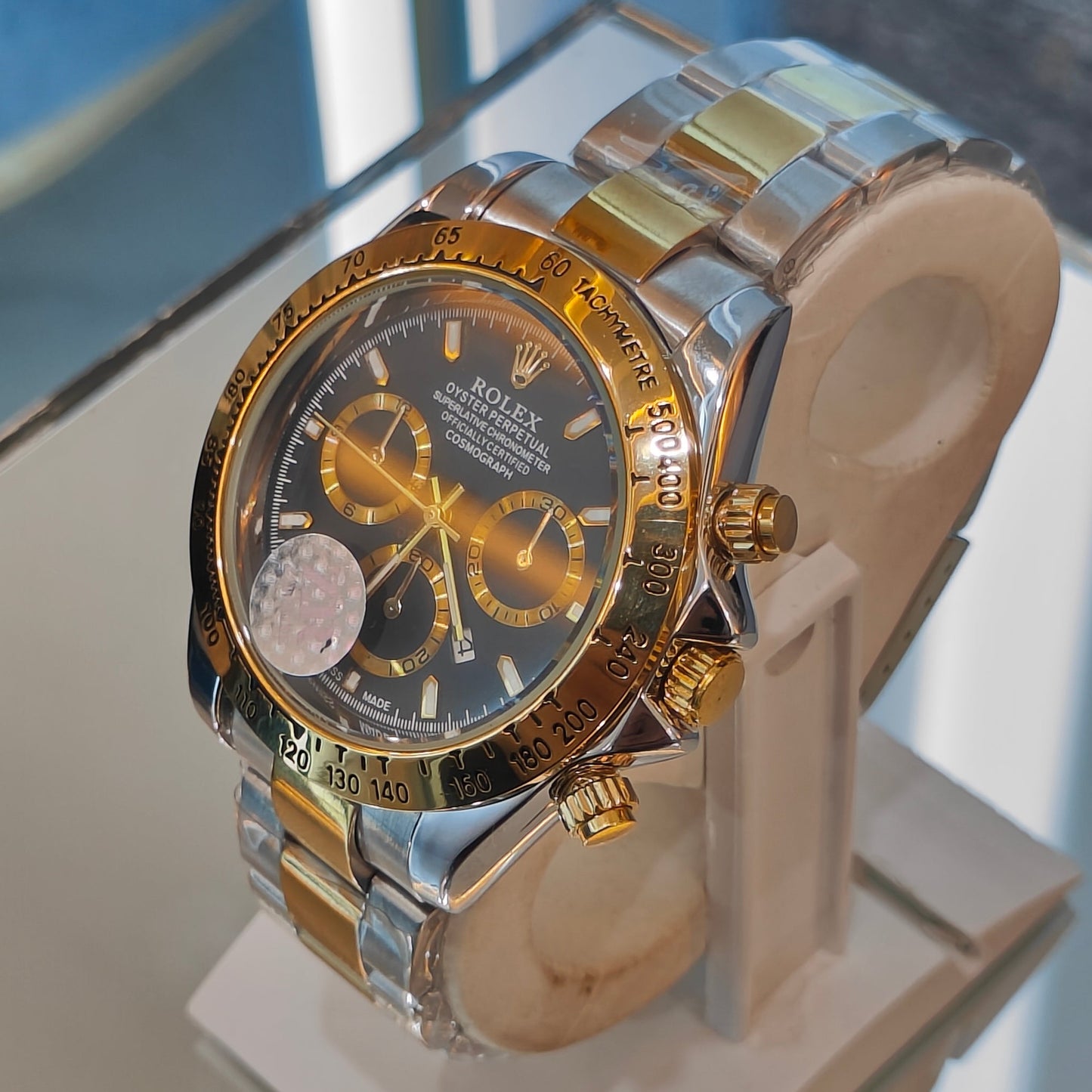 RLX DAYTONA CHRONOGRAPH MASTER LOCK TWO TONE CHAIN BLACK DIAL WATCH