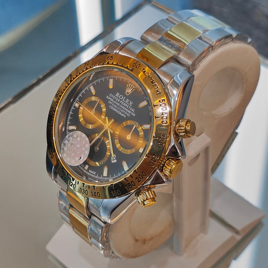 RLX DAYTONA CHRONOGRAPH MASTER LOCK TWO TONE CHAIN BLACK DIAL WATCH