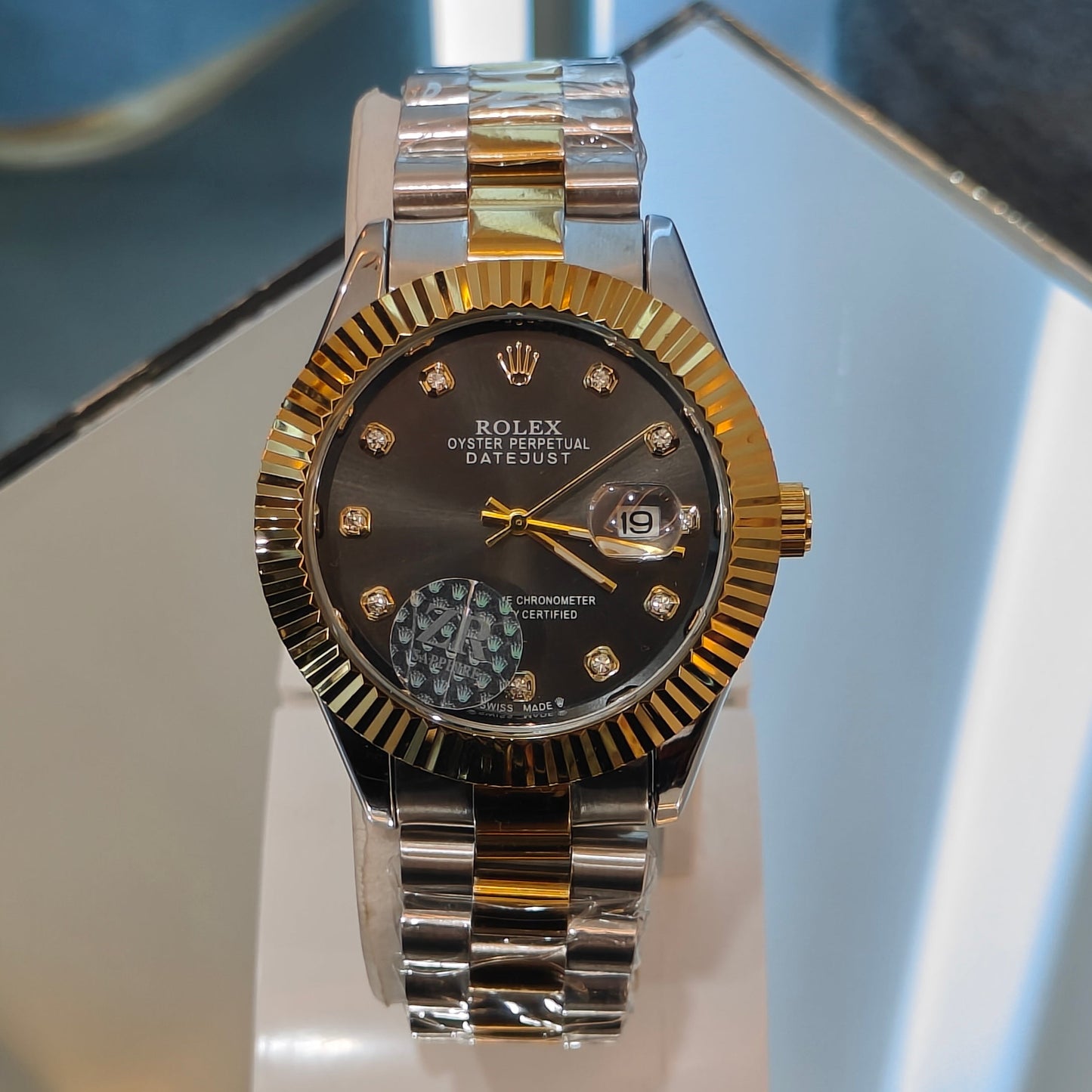 RLX DATEJUST STAINLESS STEEL CHAIN TWO TONE BLACK DIAL WATCH