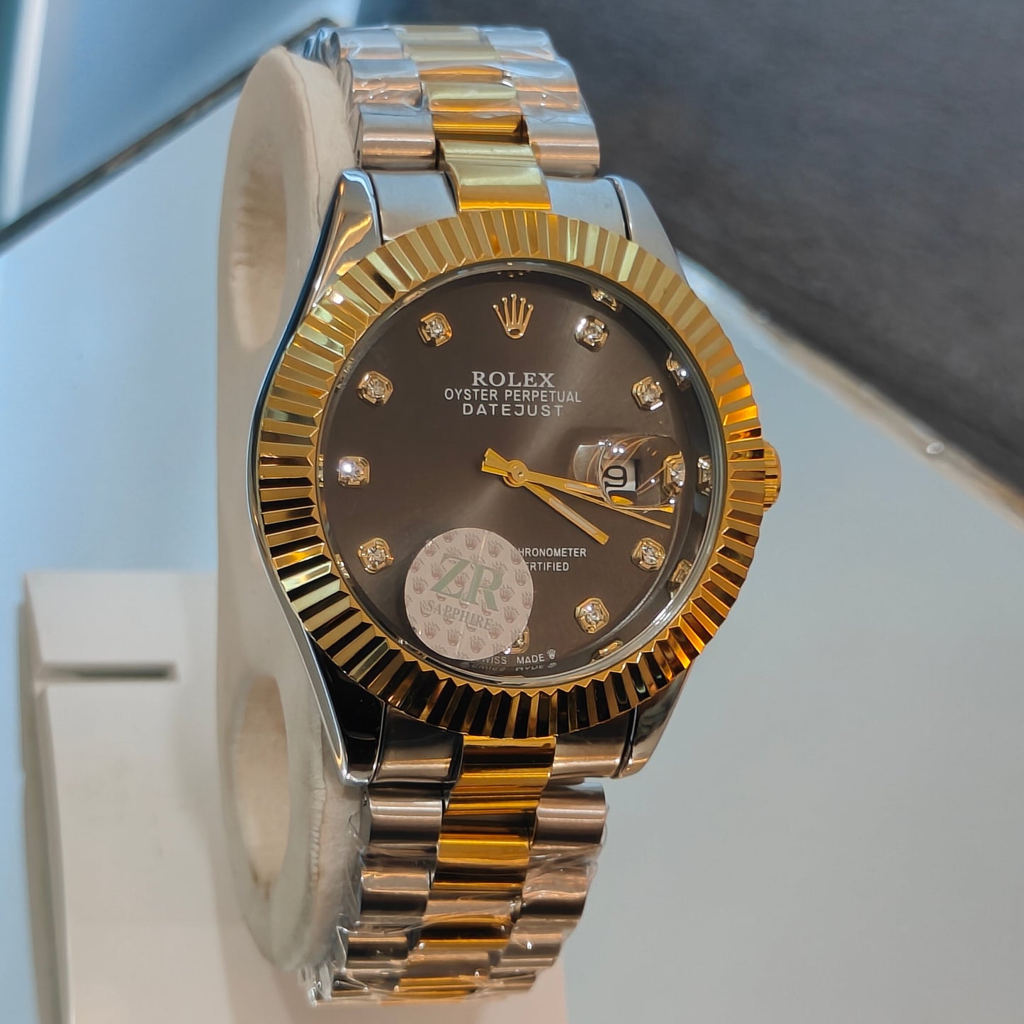 RLX DATEJUST STAINLESS STEEL CHAIN TWO TONE BLACK DIAL WATCH