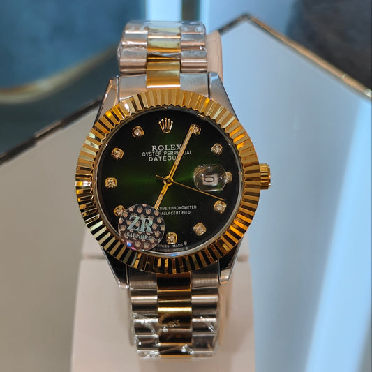 RLX DATEJUST STAINLESS STEEL CHAIN TWO TONE GREEN DIAL WATCH