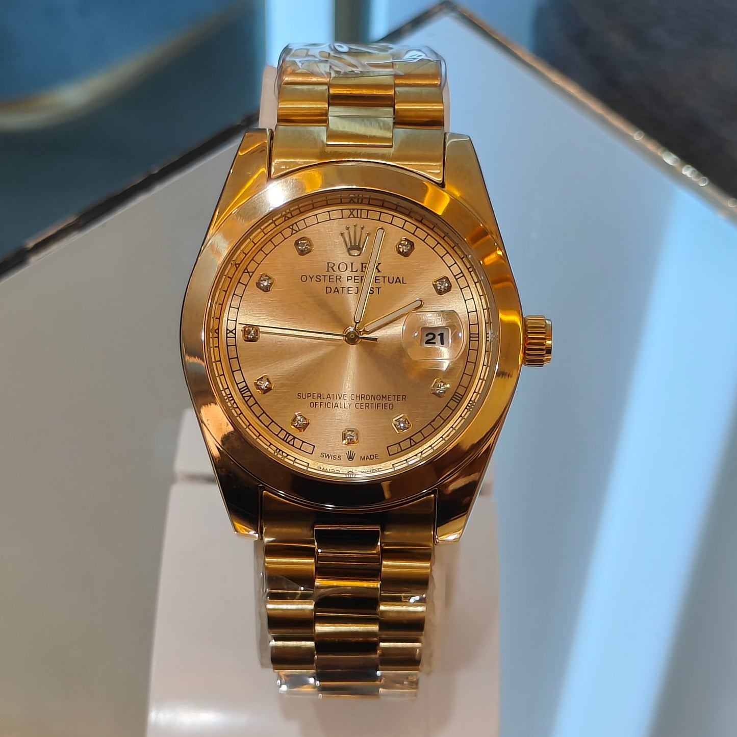 RLX DATEJUST STAINLESS STEEL CHAIN GOLD CHAIN GOLD DIAL WATCH
