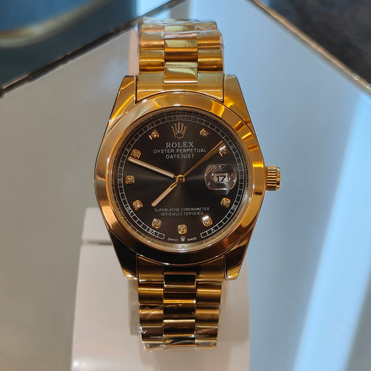 RLX DATEJUST STAINLESS STEEL CHAIN GOLD CHAIN BLACK DIAL WATCH