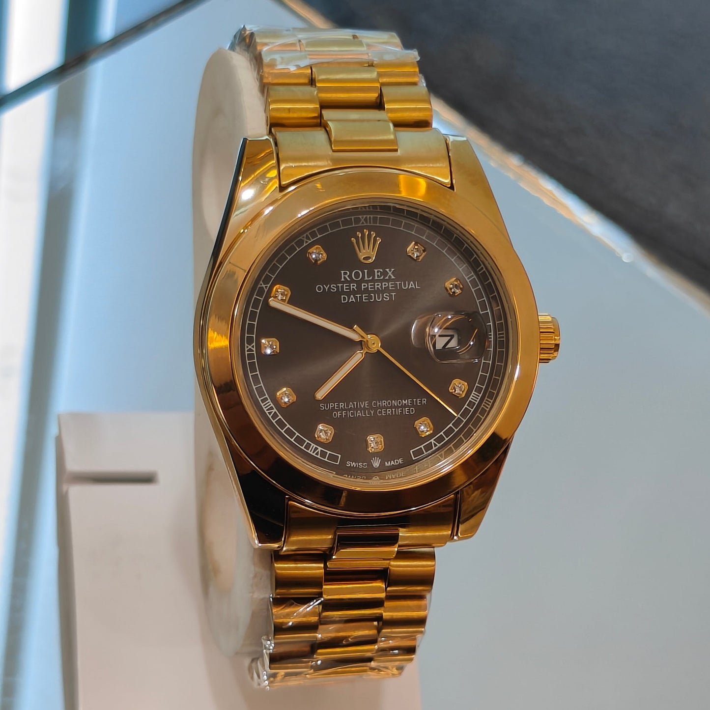 RLX DATEJUST STAINLESS STEEL CHAIN GOLD CHAIN BLACK DIAL WATCH