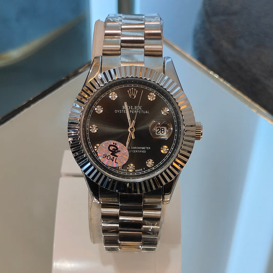 RLX DATEJUST STAINLESS STEEL CHAIN SILVER CHAIN BLACK DIAL WATCH