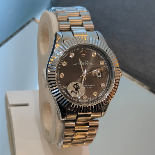 RLX DATEJUST STAINLESS STEEL CHAIN SILVER CHAIN BLACK DIAL WATCH